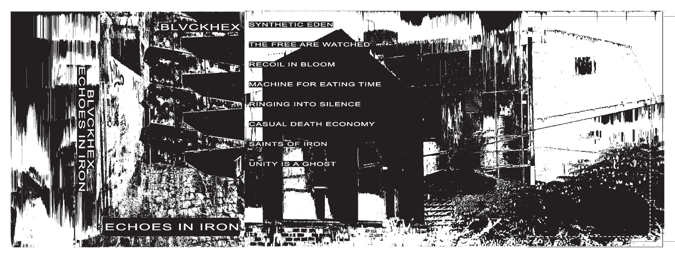 BLVCKHEX cassette front – tracklist set against black-and-white collage with industrial glitch motifs and bleak tone