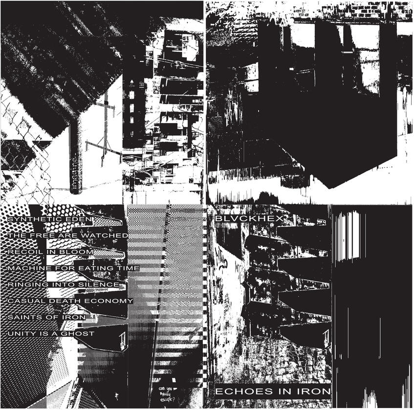 BLVCKHEX 12-inch vinyl cover – monochrome black and white design with post-apocalyptic mood and layered textures by Sonic Bloom