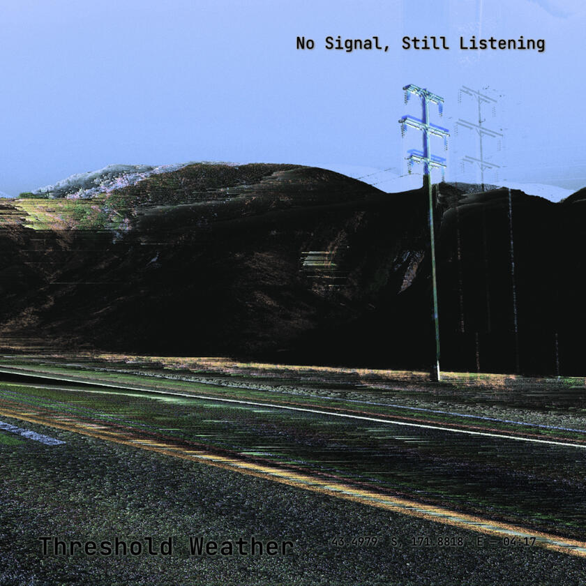 “No Signal, Still Listening” cover – fragmented visual design in muted greens and greys, conveying signal decay, introspection, and digital silence