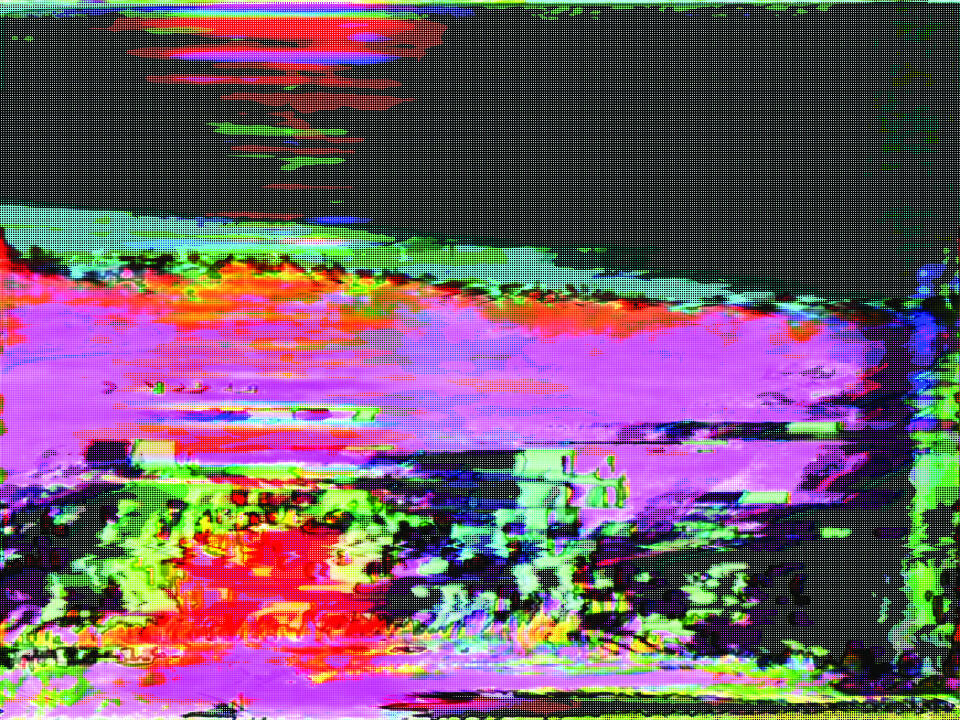 Field image warped by green, red, and purple horizontal glitch bands with digital noise.