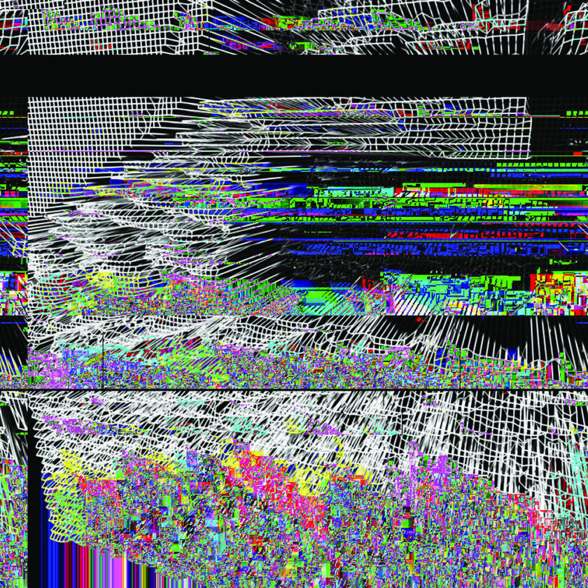 Extreme RGB split and line distortion over black-and-white architectural textures.