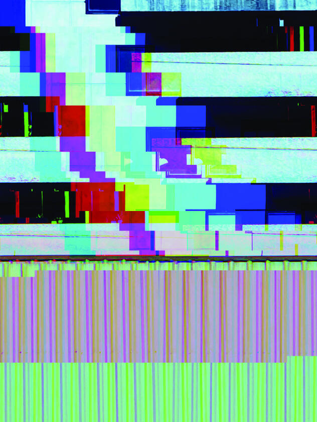 Pixel-stripped glitch art in green, cyan, and purple, forming an abstract waveform pattern.