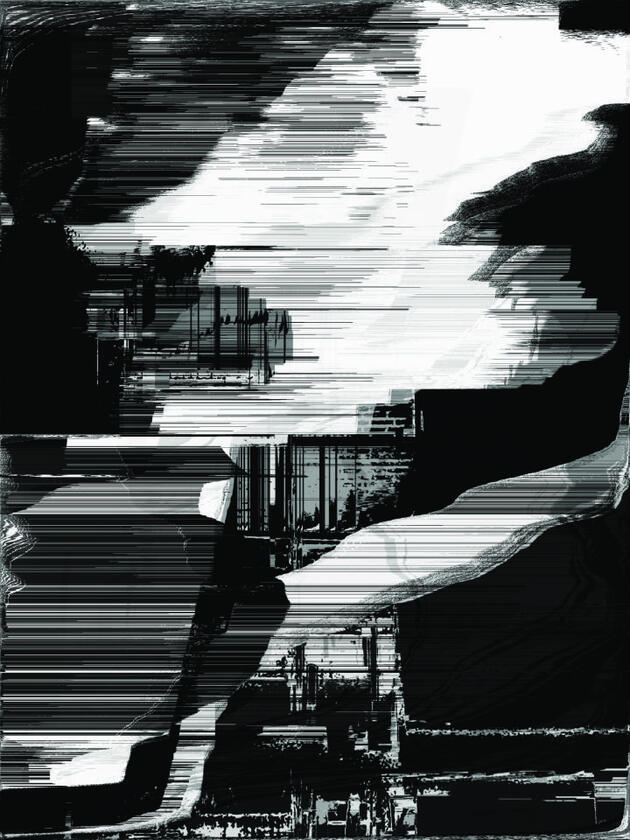 Monochrome glitch of silhouetted figures distorted into layered streaks of digital debris.