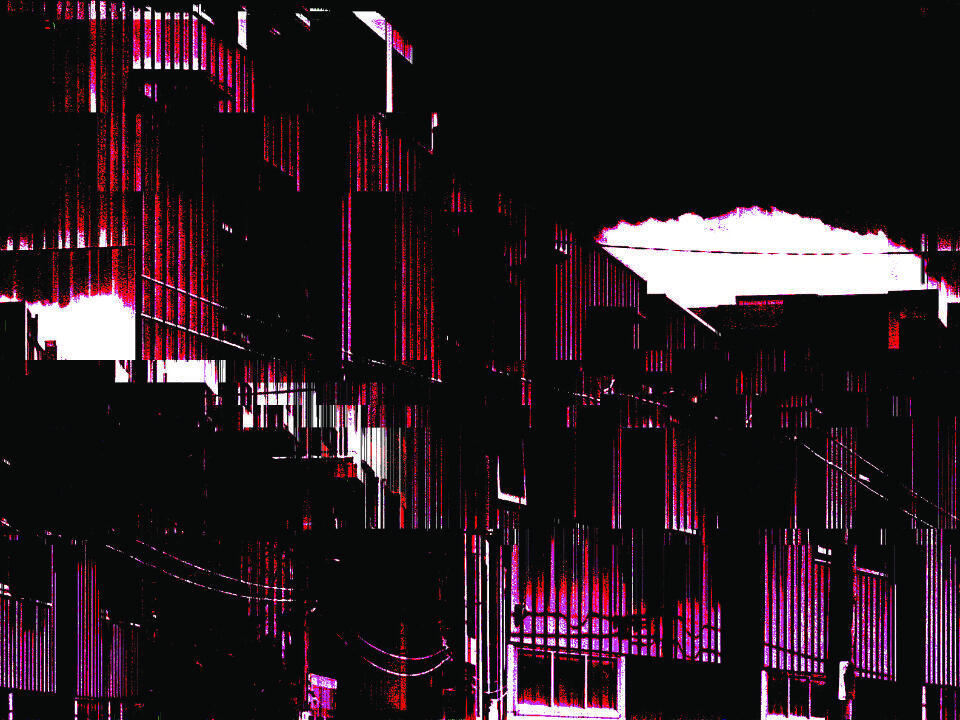 Dark architectural photo of a red-lit building facade with heavy shadow glitch overlays.