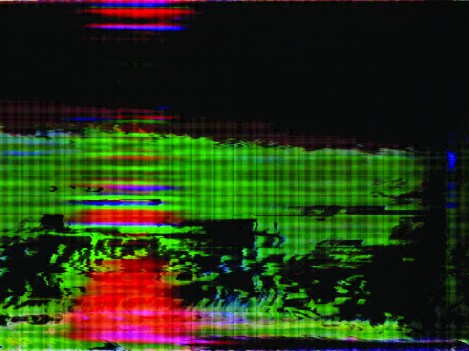 Vibrant glitch distortion of a grassland photo, heavily datamoshed with magenta and green.