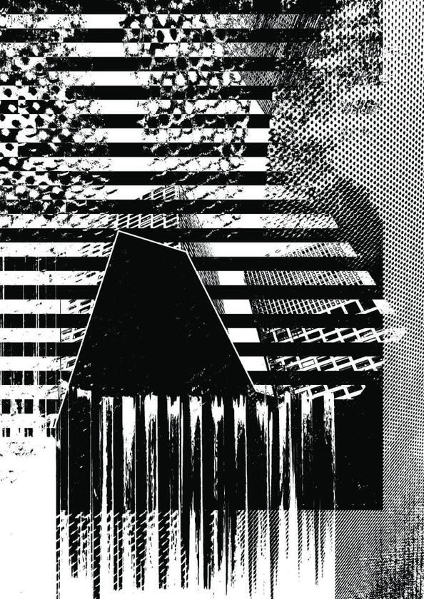 Architectural glitch featuring stacked black-and-white shapes in a stepped formation.