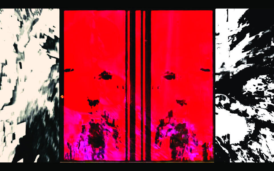 High-contrast glitch with red and white tones, showing vertical black bars over birds in flight.