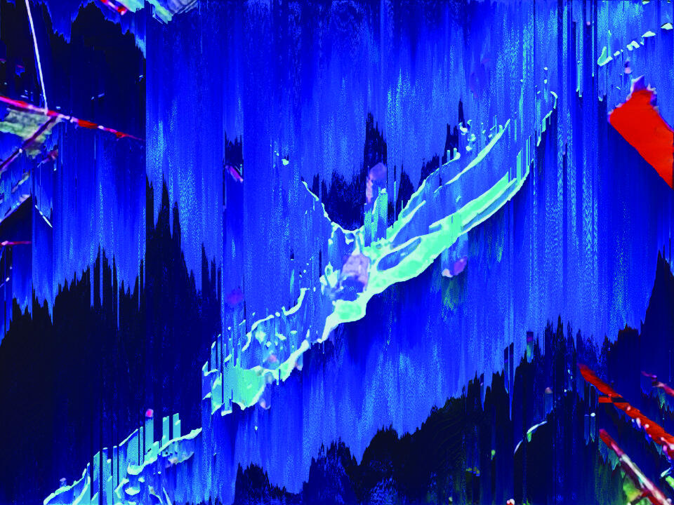 Glitch art featuring jagged blue waveforms with turquoise interference on a dark background.