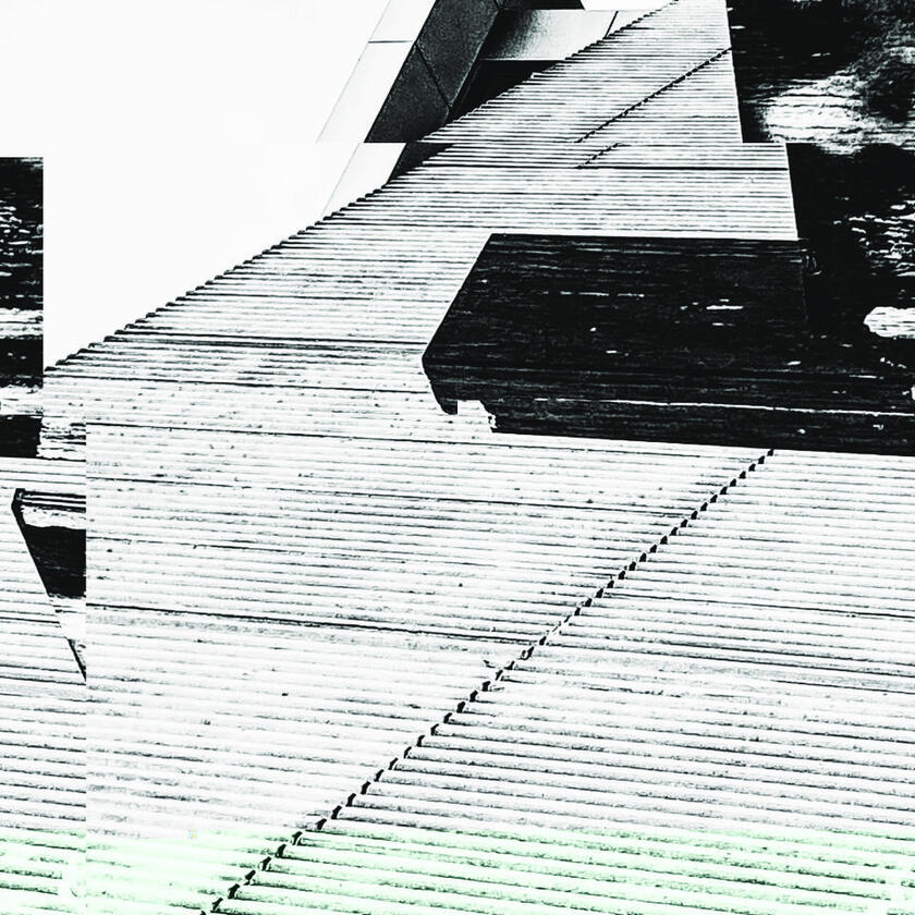Desaturated glitch of decking or platform, with horizontal striping and stair-like overlays.