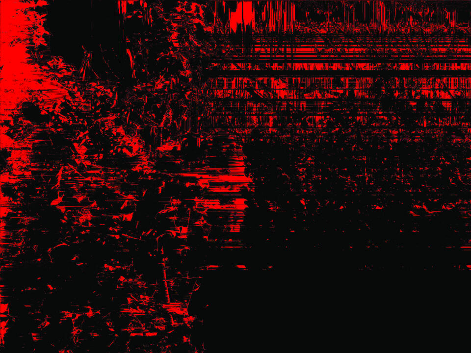Dense glitch landscape in red and black, layered with urban foliage and corrupted pixels.