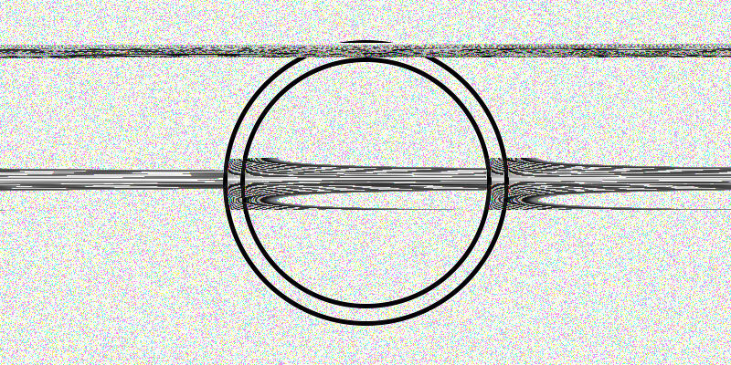 Minimal horizontal glitch artwork: black lines crossing two interlinked circles over noise.